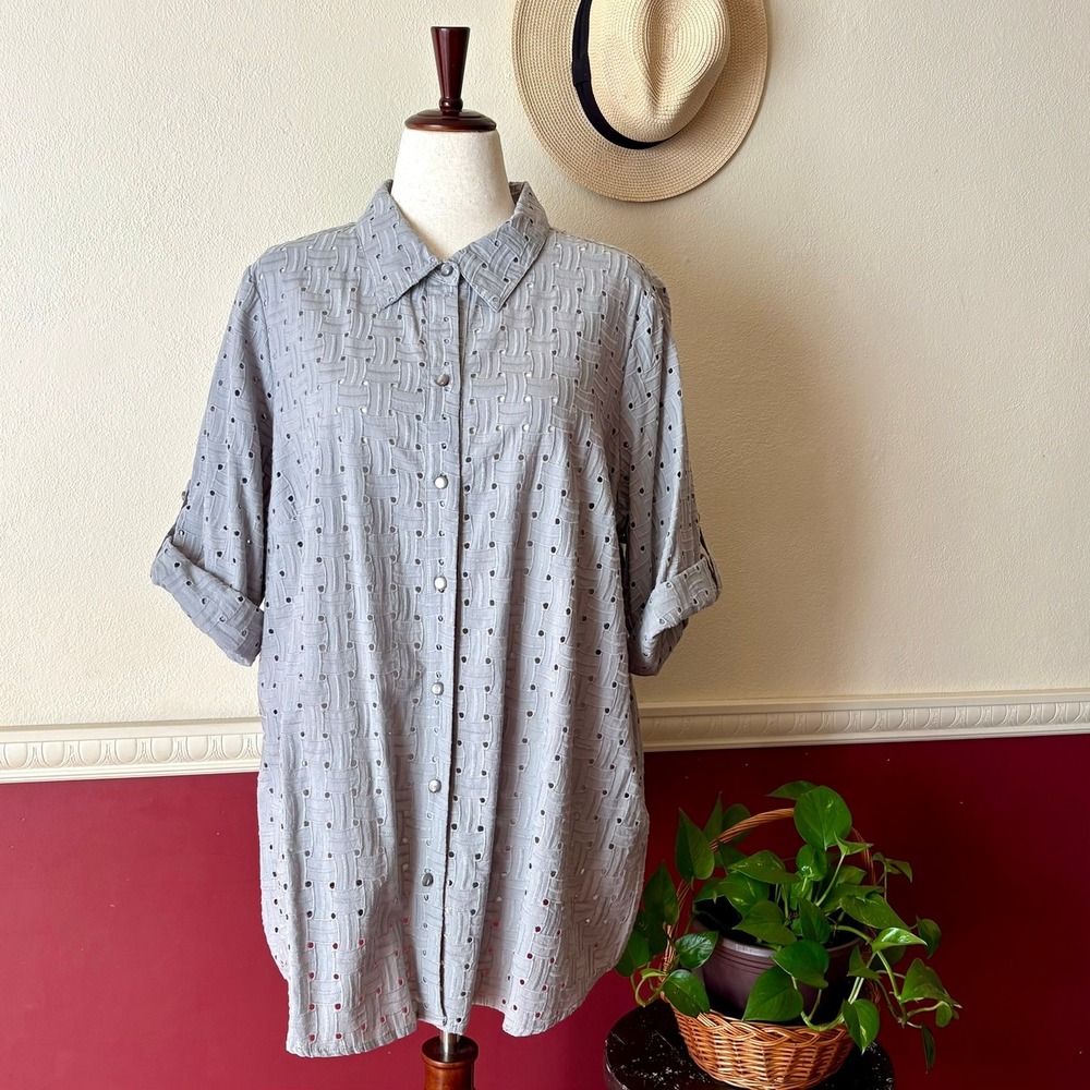 Joan Rivers Gray Cotton Basketweave Eyelet Roll Tab Sleeve Button Down Tunic 1X